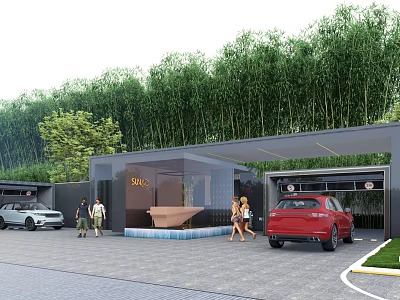 Modern Entrance Gate With Covered Structure Glass Panels And Parked Cars Near Lush Bamboo Grove 3d model