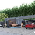 Modern Entrance Gate With Covered Structure Glass Panels And Parked Cars Near Lush Bamboo Grove