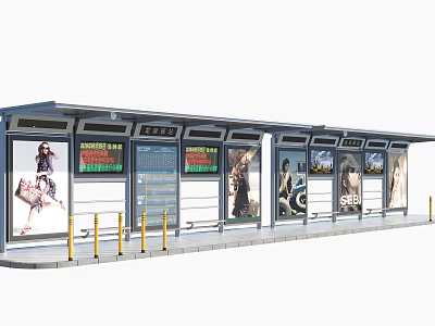 Modern Bus Station Featuring Glass Walls Advertising Billboards Yellow Railings And Shelter Roof 3d model