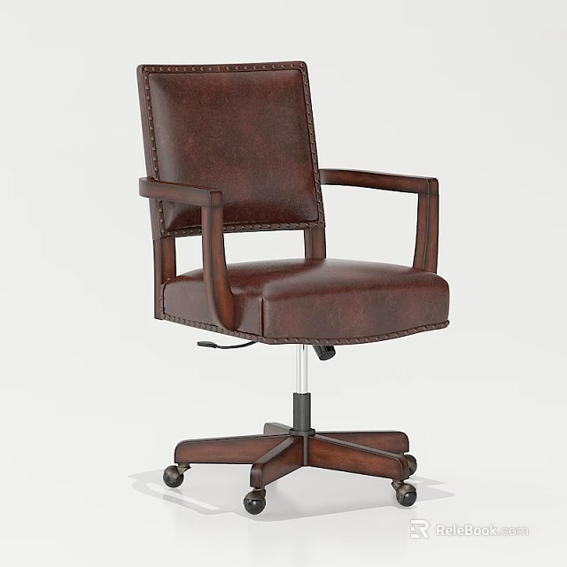 Brown Leather Office Chair with Armrests Wooden Frame and Swivel Wheels 3d model 