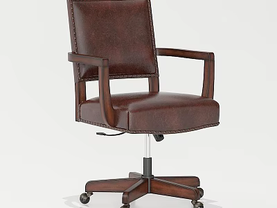 Brown Leather Office Chair with Armrests Wooden Frame and Swivel Wheels 3d model
