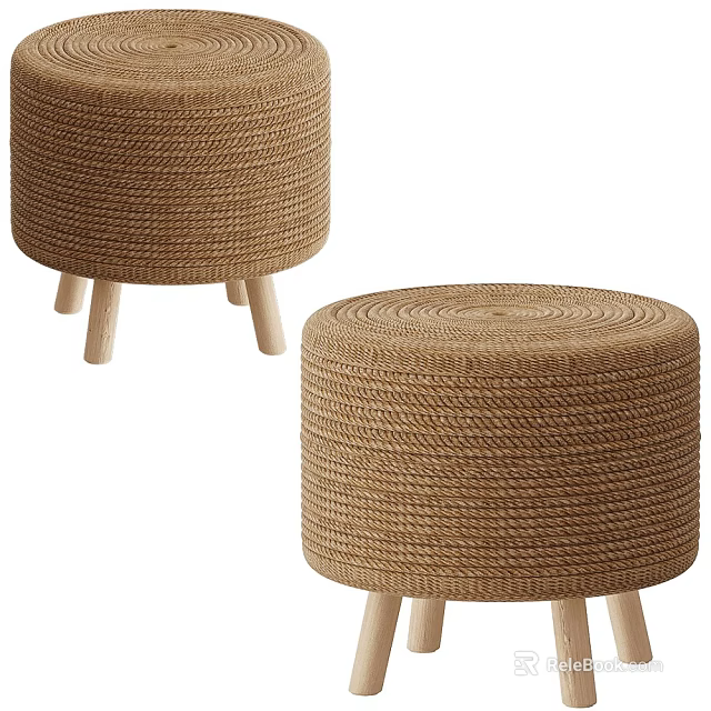 Handwoven Round Stool With Natural Woven Rattan And Wooden Legs For Home Decor 3d model 