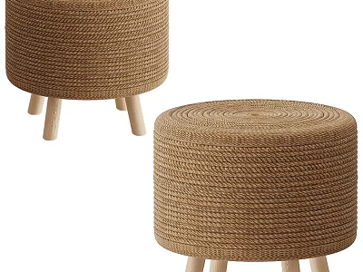 Handwoven Round Stool With Natural Woven Rattan And Wooden Legs For Home Decor 3d model