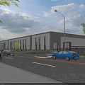Modern Industrial Factory Building Exterior Design With Large Windows Street Vehicles Pedestrians And Trees