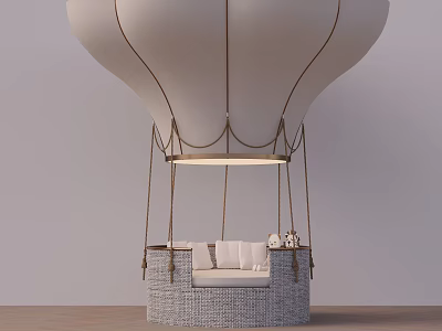 White Hot Air Balloon Shaped Pendant Light With Woven Base And Seating Area 3d model