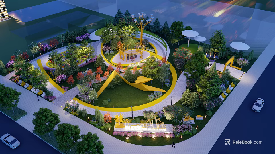 Scenic Park Landscape With Circular Yellow Paths Green Lawn Trees And Flower Beds 3d model 