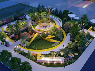 Scenic Park Landscape With Circular Yellow Paths Green Lawn Trees And Flower Beds 3d model