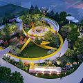 Scenic Park Landscape With Circular Yellow Paths Green Lawn Trees And Flower Beds
