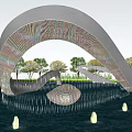 Curved Metal Landscape Sculpture with Illuminated Water Feature and Park Greenery