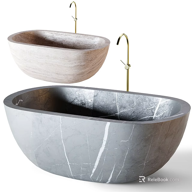 Modern Freestanding Marble Bathtub With Natural Veins And Gold Faucet Design 3d model 