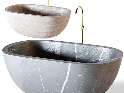 Modern Freestanding Marble Bathtub With Natural Veins And Gold Faucet Design 3d model