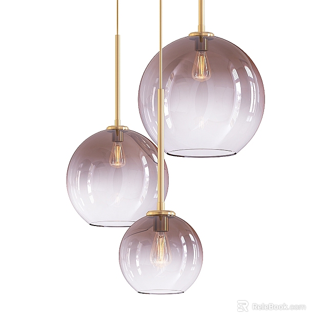 Stylish Three Spherical Glass Pendant Lights With Gold Metal Accents And Exposed Bulbs 3d model 