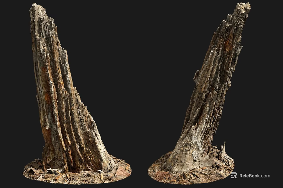 Two Natural Weathered Wood and Stone Base Decorative Pieces with Textured Surface 3d model 