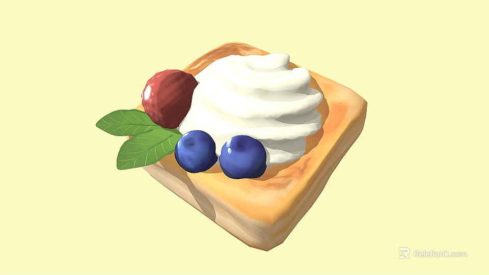 Delicious Square Tart Topped With Whipped Cream Blueberries Strawberry And Green Leaves 3d model 