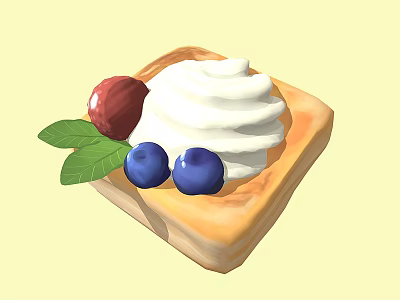 Delicious Square Tart Topped With Whipped Cream Blueberries Strawberry And Green Leaves 3d model
