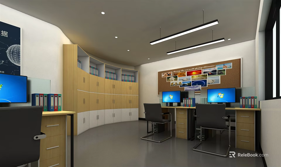 Modern Office Interior With Work Desks Computers File Cabinets And Bulletin Board 3d model