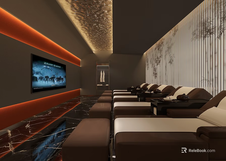 SPA Sauna Interior with Brown Recliners White Cushions Large Screen TV Decorative Ceiling Striped Wall 3d model 