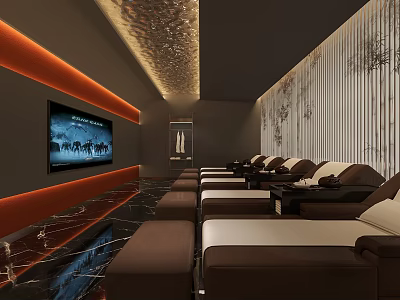 SPA Sauna Interior with Brown Recliners White Cushions Large Screen TV Decorative Ceiling Striped Wall 3d model