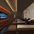 SPA Sauna Interior with Brown Recliners White Cushions Large Screen TV Decorative Ceiling Striped Wall