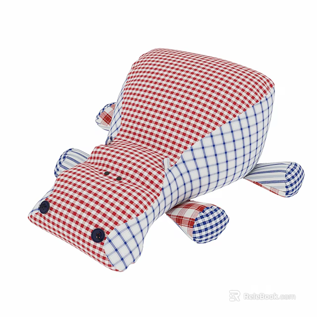 Cute Hippo Shaped Stuffed Toy With Red White Blue Checkered Pattern For Kids 3d model 