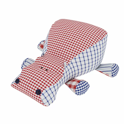Cute Hippo Shaped Stuffed Toy With Red White Blue Checkered Pattern For Kids 3d model