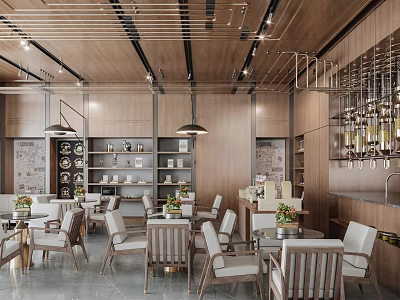 Modern Cafe Interior With Wooden Ceiling Pendant Lights White Chairs And Decorative Shelves 3d model