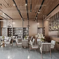 Modern Cafe Interior With Wooden Ceiling Pendant Lights White Chairs And Decorative Shelves