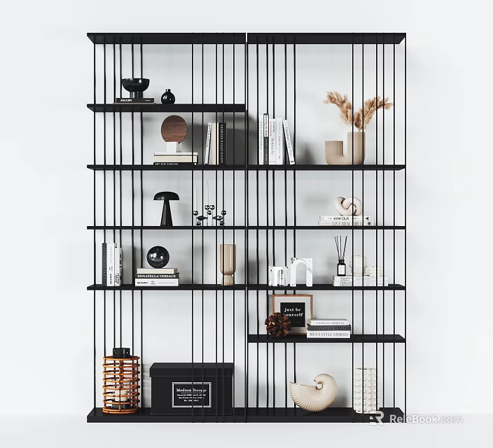 Modern Black Multi Tiered Shelving Unit With Decorative Items Books And Storage Boxes 3d model 