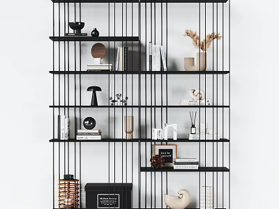 Modern Black Multi Tiered Shelving Unit With Decorative Items Books And Storage Boxes 3d model