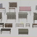 Various Furniture Pieces Including Tables Benches and Shelves With Wooden Frames and Striped Fabric