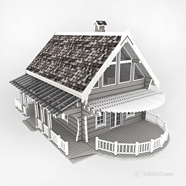 Log Cabin Exterior Design With Wooden Shingle Roof Porch And White Railing 3d model 
