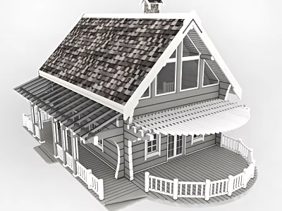 Log Cabin Exterior Design With Wooden Shingle Roof Porch And White Railing 3d model