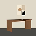 Modern Wooden Desk With Neutral Tones Wall Art And Circular Design Elements 3d model