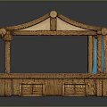 Wooden Market Stall With Blue White Striped Awning Platform And Crates