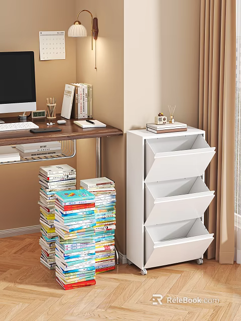 White Multi Tiered Drawer Bookshelf With Desk Computer Stationery And Stacked Books 3d model 