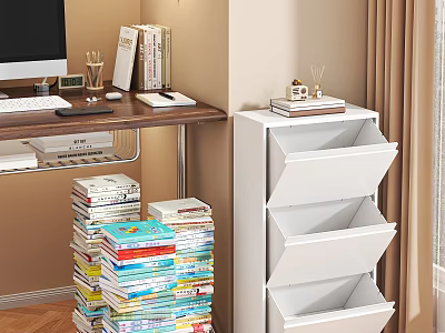 White Multi Tiered Drawer Bookshelf With Desk Computer Stationery And Stacked Books 3d model
