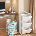 White Multi Tiered Drawer Bookshelf With Desk Computer Stationery And Stacked Books