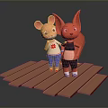 Cartoon Game Characters Rabbit and Fox in Maple Leaf Shirt Black Vest on Wooden Platform