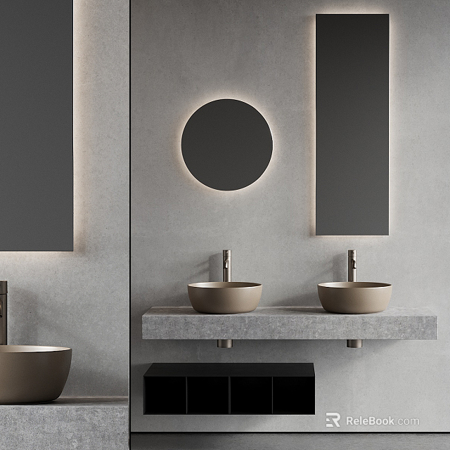 Modern Bathroom Washbasin Vanity With Circular Mirror Lighting Double Basin And Stone Countertop 3d model 