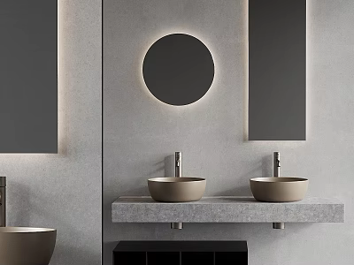 Modern Bathroom Washbasin Vanity With Circular Mirror Lighting Double Basin And Stone Countertop 3d model
