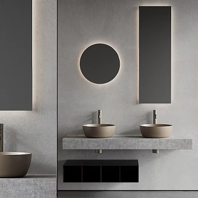 Modern Bathroom Washbasin Vanity With Circular Mirror Lighting Double Basin And Stone Countertop 3d model