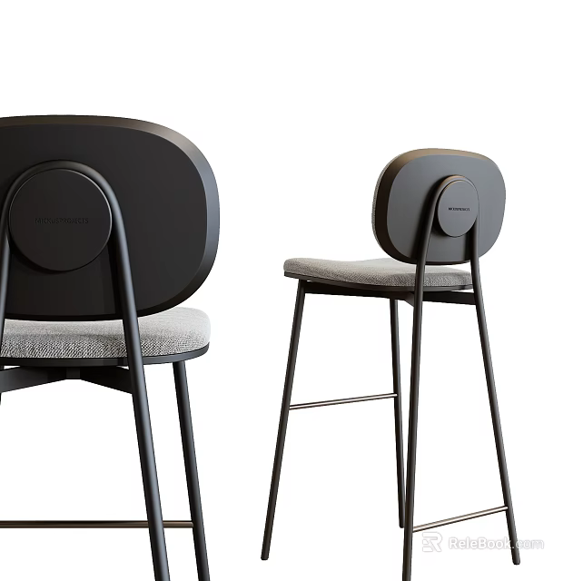 Modern Bar Stools With Black Frame Gray Cushion And Round Backrest 3d model