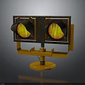 Vintage Traffic Light With Two Circular Yellow Lights On Wooden Stand