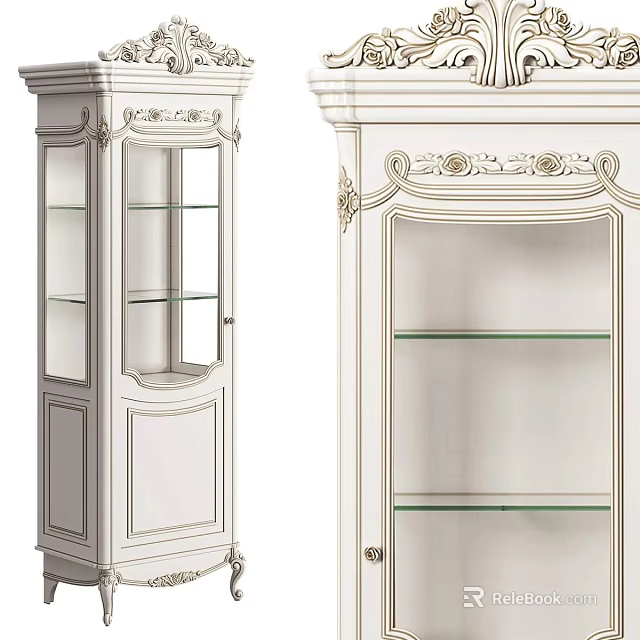 White European Style Wine Cabinet With Carved Details Glass Doors And Glass Shelves 3d model 