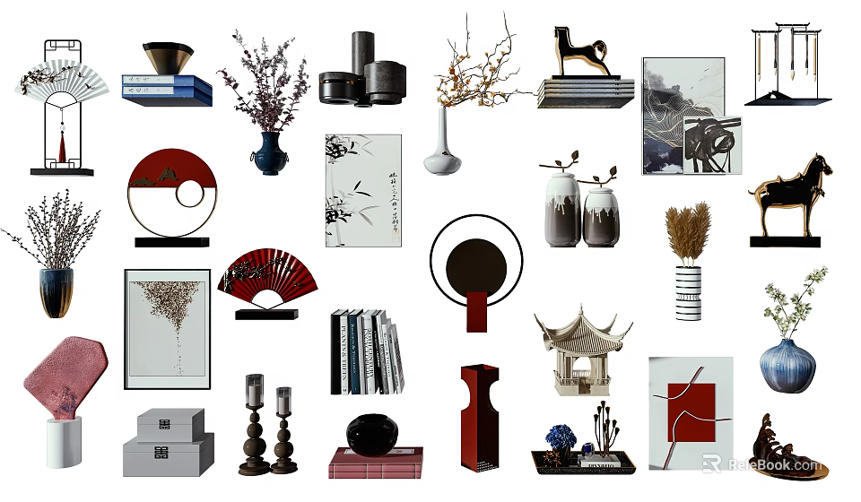 Chinese Style Decorative Ornaments Set With Vases Fans Books Sculptures And Candle Holders 3d model 