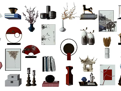 Chinese Style Decorative Ornaments Set With Vases Fans Books Sculptures And Candle Holders 3d model