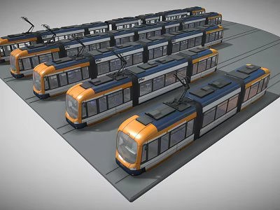 Modern Multiple Trains With Orange And Blue Design Parked On Tracks 3d model