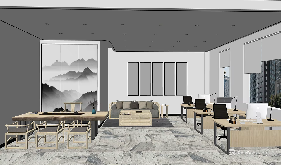 Modern Public Office Space With Workstations Computers Sofa Decorative Paintings And Marble Floor 3d model