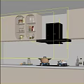 Modern Kitchen With Appliances Range Hood Gas Stove White Cabinets And Lit Open Shelves