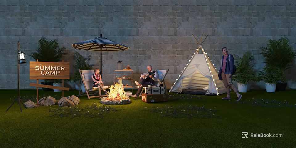Outdoor Chairs In Cozy Backyard Setting With Fire Pit Tepee Tent And Umbrella 3d model 
